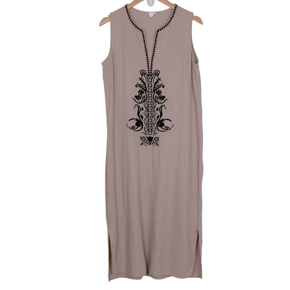 Sigrid Olsen Dresses & Skirts - Sigrid Olsen Taupe Embroidered Linen Blend Maxi Dress